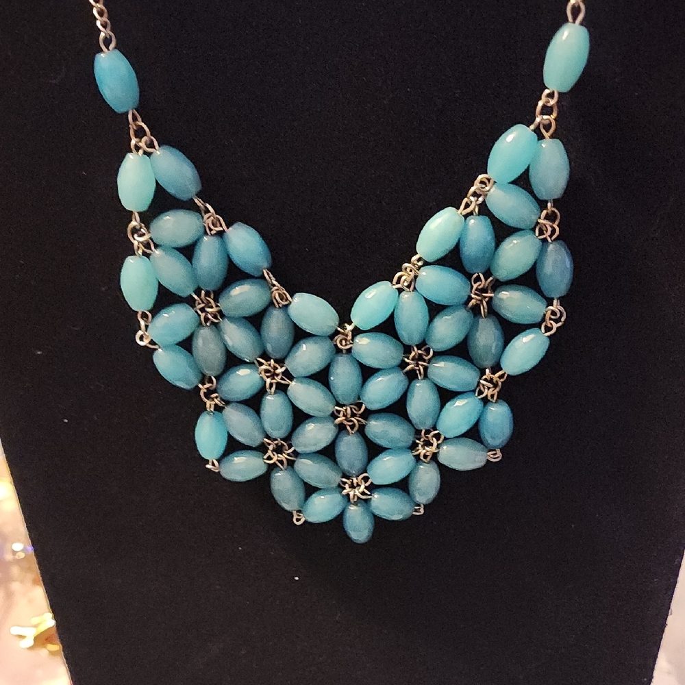 Blue Beaded Silvertone Necklace
